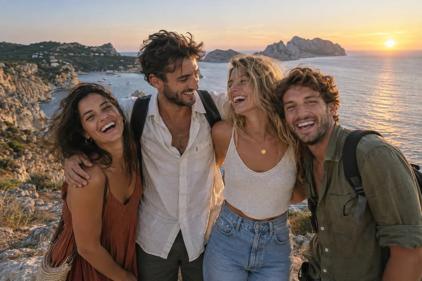 Four friends laughing together on a coastal trip at sunset